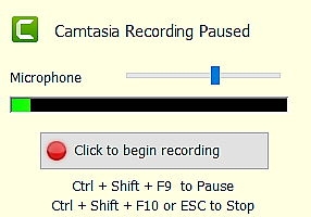The Camtasia recorder controls used to begin recording the PowerPoint presentation