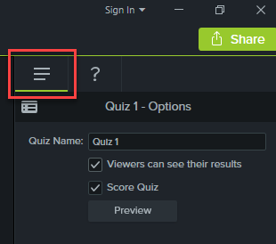Quiz Options panel with name and results settings