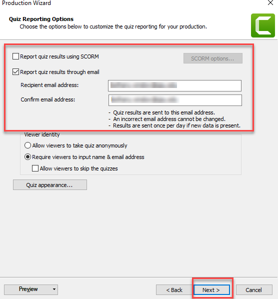 Quiz reporting options with email results selected