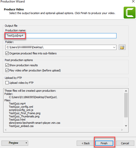 Naming and saving the produced video before clicking Finish