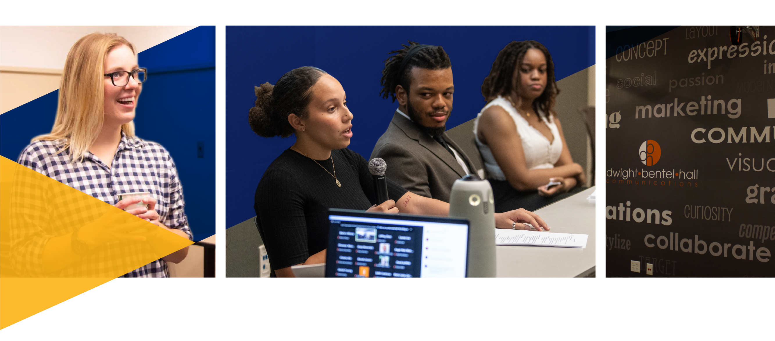Composite banner featuring varied students engaging in public speaking