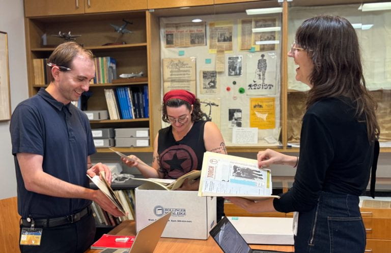 Alena Karkanias (MLIS ‘27), Karl Grunwald (MARA ‘27) and Elise Mills (MLIS ‘27).