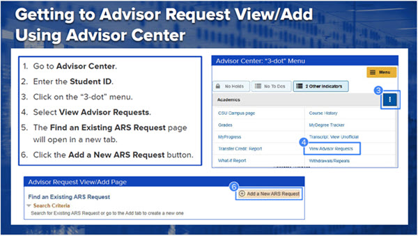Screenshot showing how to access Advisor Request via Advisor Request Center