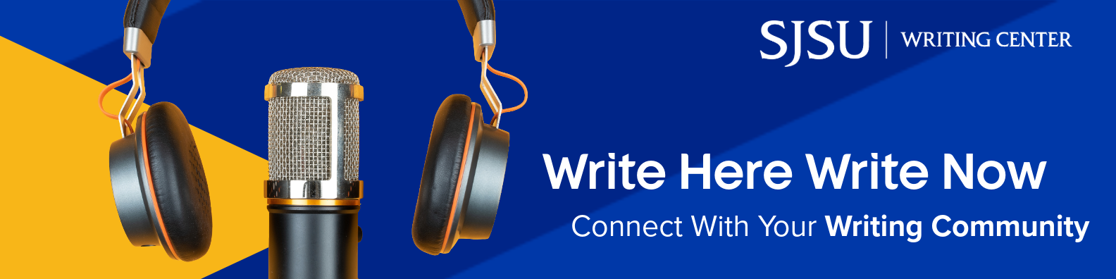 Headset and microphone over blue and gold color background with white text